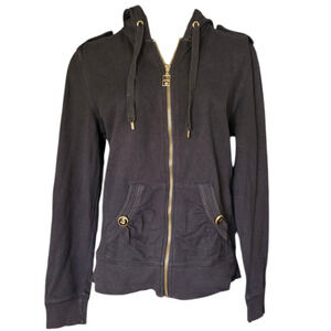 Black Cotton Zip Hoodie with Gold Hardware Size Medium